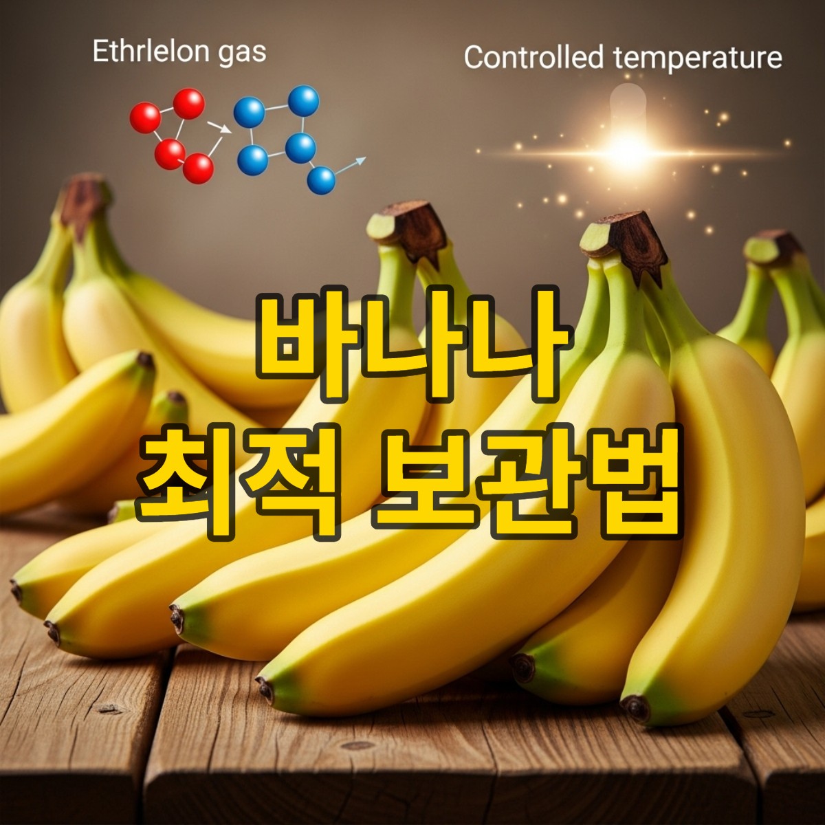 과학적으로 최적화된 방법으로 보관되어 신선하게 빛나는 노란 바나나들이 나무 식탁 위에 먹음직스럽게 놓여있는 모습. 바나나 갈변을 막고 신선도를 유지하는 모습을 강조.