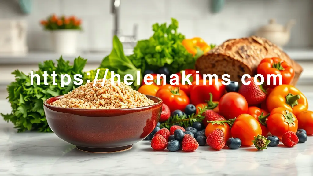 밝은 주방 깨끗한 테이블 위에 윤기 흐르는 현미밥, 통곡물 빵, 다채로운 채소, 신선한 베리류 과일이 밝고 건강하게 놓여있는 고급스러운 이미지.