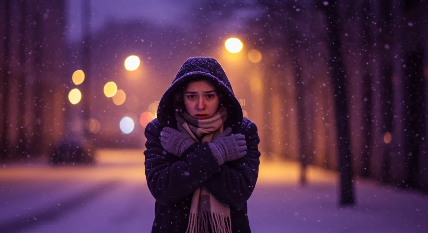 두터운 겨울옷을 입고 추위에 오들오들 떨고 있는 여자 모습