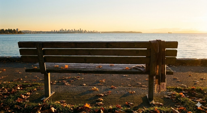 드라마 백번의 추억 마지막 장면, 텅 빈 벤치와 햇살이 비추는 풍경