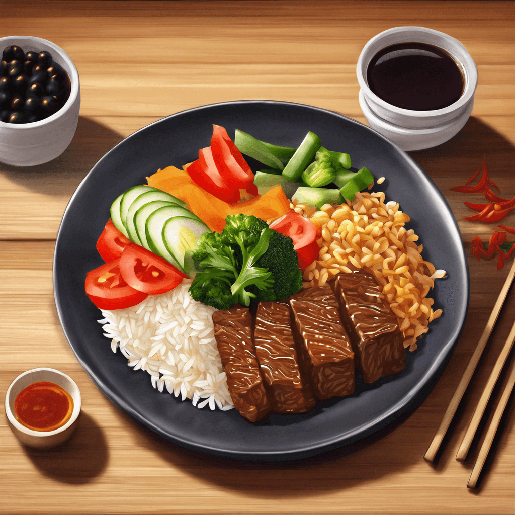 저녁(기름기 없는 소고기나 템페, 다양한 채소(청경채, 피망, 버섯), 현미)