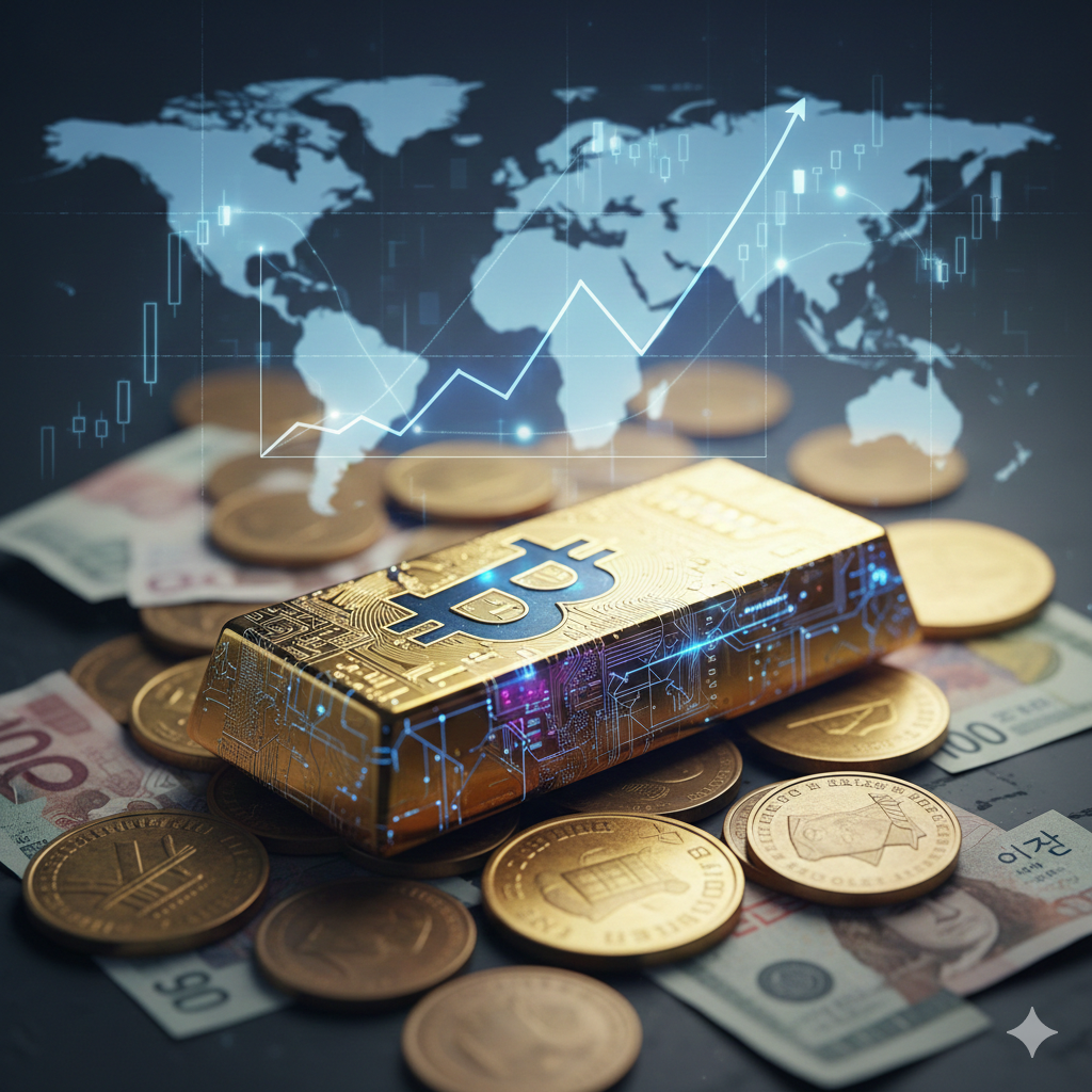 어두운 배경 위로 차갑게 빛나는 금괴와 전 세계의 지폐 및 동전들이 섞여 있는 모습이에요. 금괴 표면에는 푸른색의 회로 기판 문양과 비트코인 심볼이 정교하게 각인되어 있어 디지털과 물리적 자산의 결합을 보여줘요. 그 뒤로는 세계 지도와 함께 상승 곡선을 그리는 푸른빛의 선형 그래프가 홀로그램처럼 공중에 떠 있어 전 세계적인 비트코인의 가치 상승 흐름을 시각적으로 나타내고 있어요.