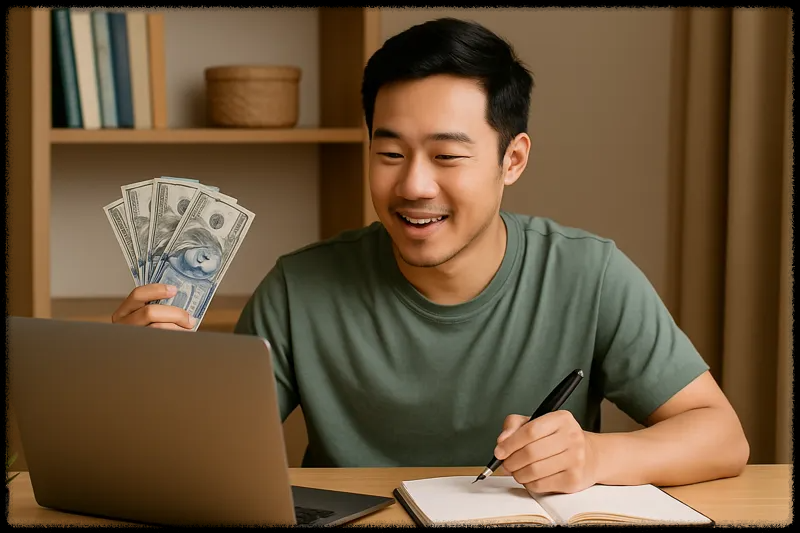 노트북 앞에서 현금을 들고 환하게 웃는 남성의 모습