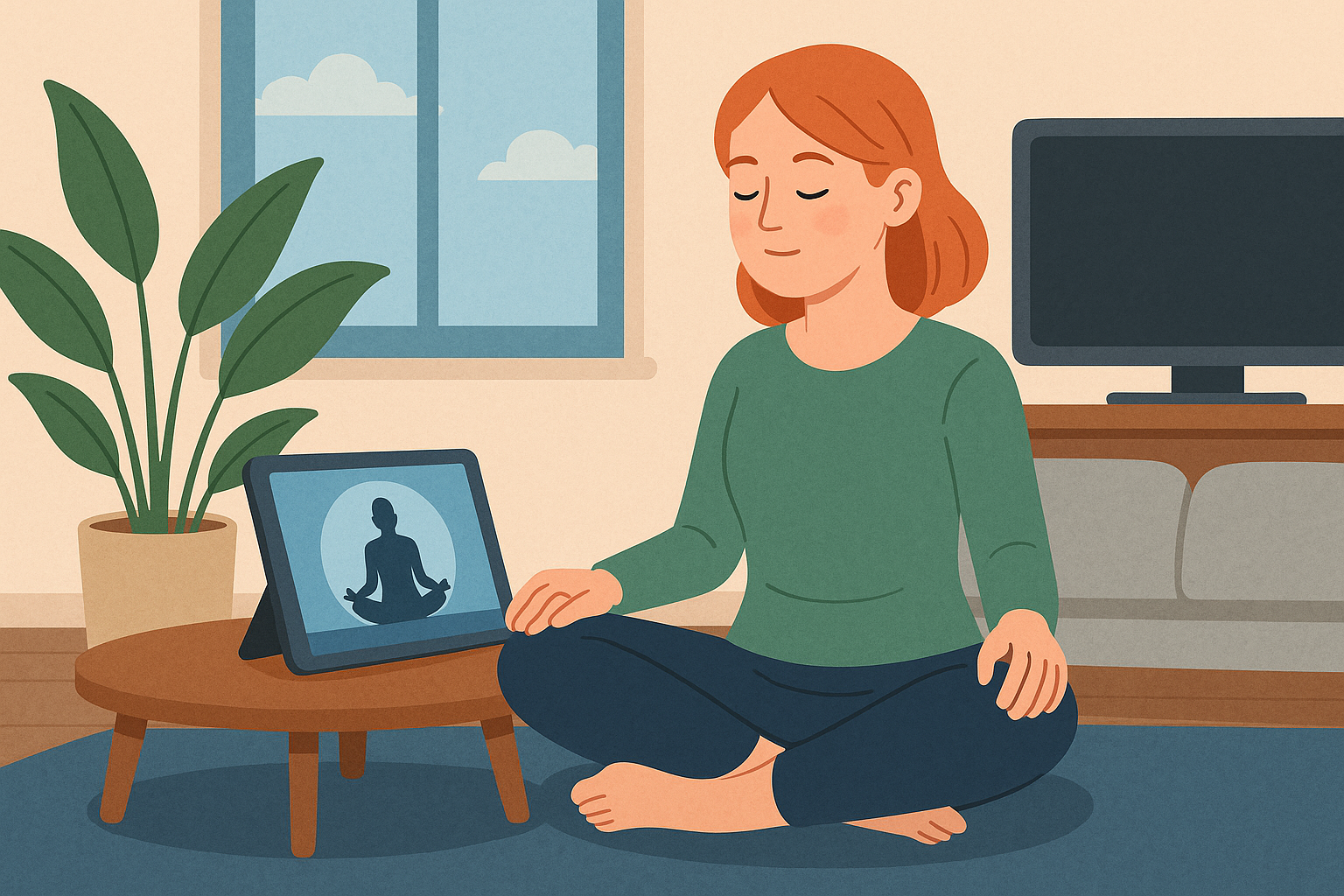 명상하는 여성과 디지털 태블릿