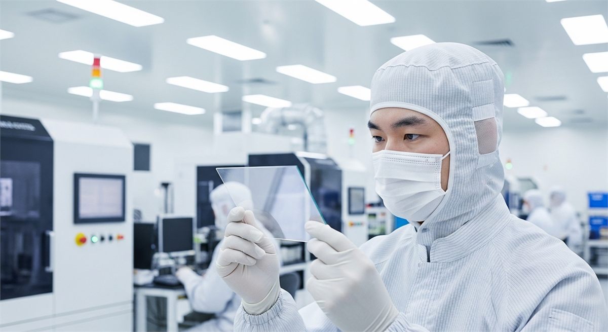 연구원이 유리기판 샘플을 검사하는 실험실 모습