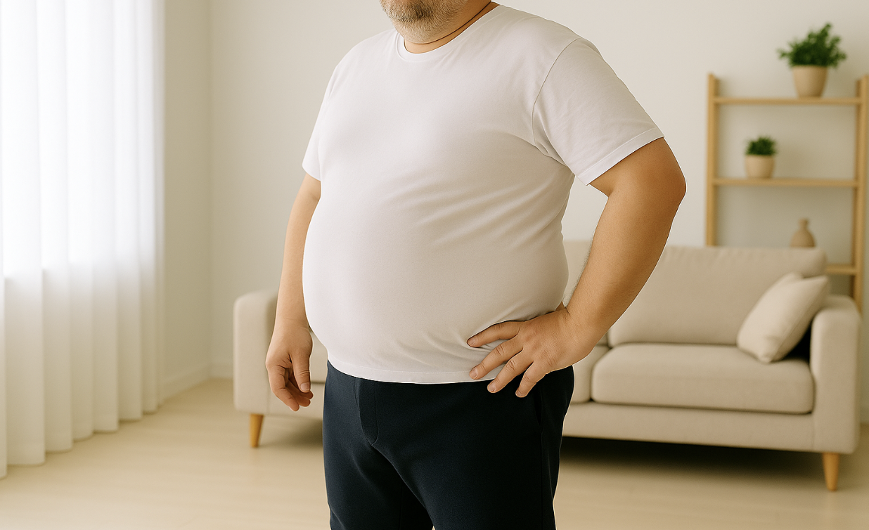 흰 티셔츠와 네이비색 바지를 입고 서 있는 비만 남성 사진