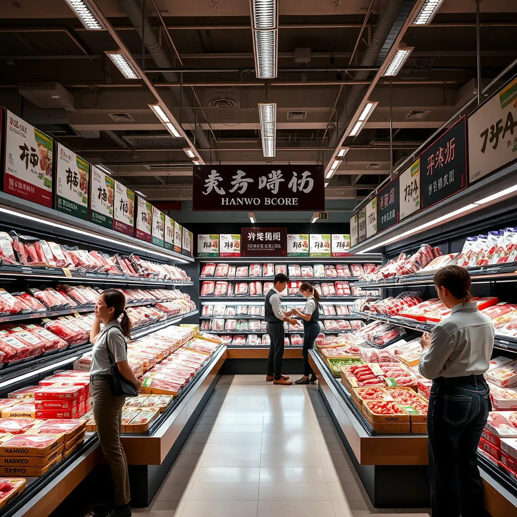 깨끗하고 정돈된 한우 판매 코너의 전경입니다. 신선하게 포장된 다양한 한우 상품들이 깔끔한 진열대에 가득하고, 직원들이 친절하게 고객을 응대하거나 상품을 정돈하는 활기찬 모습이 담겨 있습니다.