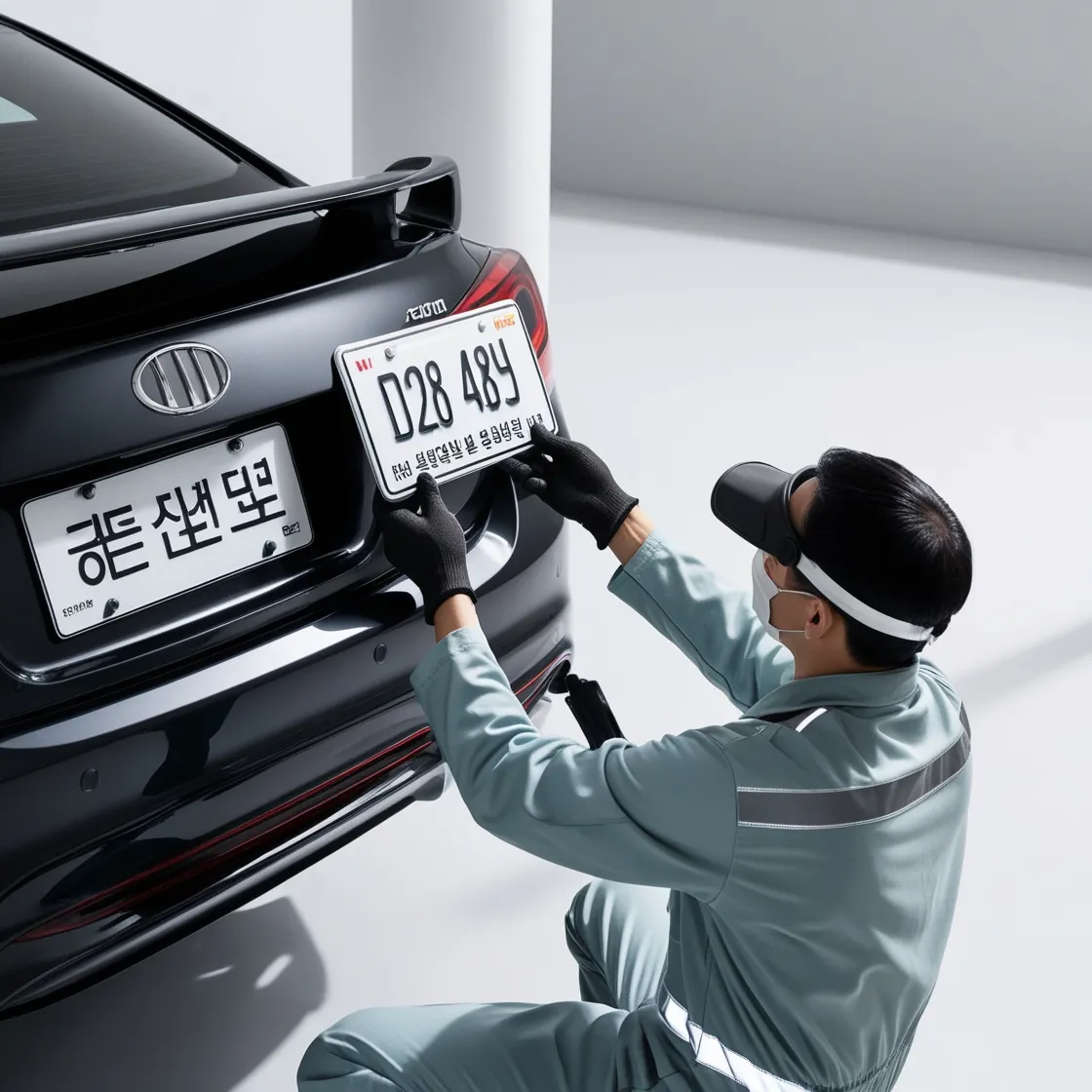 자동차 번호판 교체하는 정비사