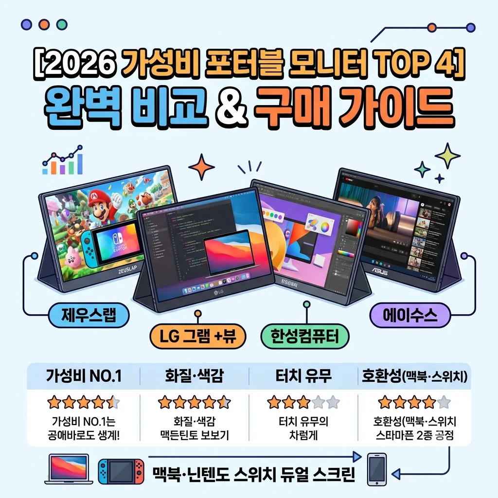 2026 가성비 휴대용 포터블 모니터 추천 TOP 4 제우스랩 Z16P LG 그램 플러스뷰 한성 TFX 에이수스 젠스크린 비교 맥북 닌텐도 스위치 듀얼 모니터 구매 가이드
