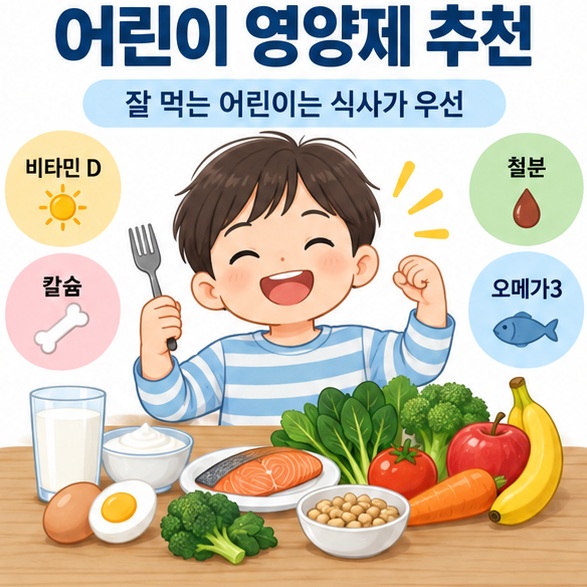 어린이 영양제 추천이라는 제목과 비타민 D, 철분, 칼슘, 오메가3 식품을 어린이 식사와 함께 표현한 대표 이미지
