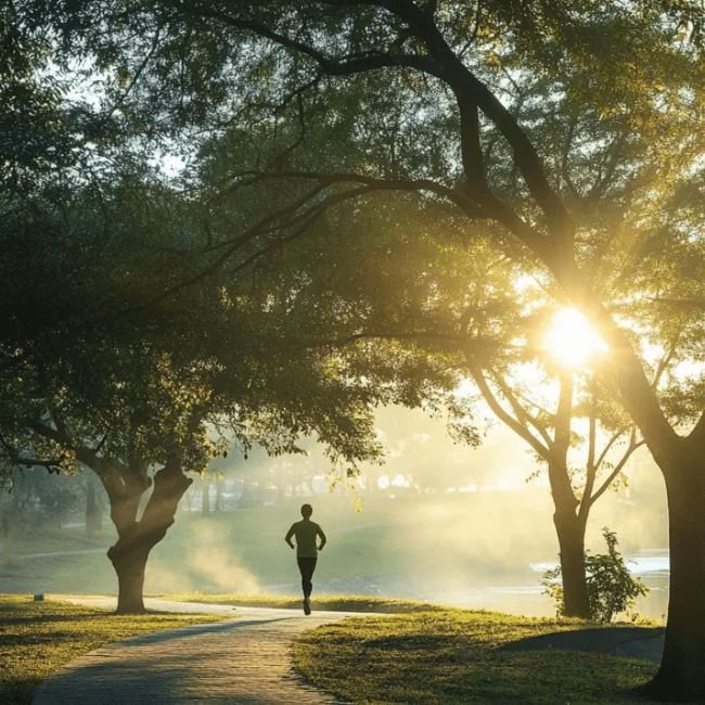 아침 햇살이 퍼지는 숲길을 활력있게 조깅하며 근력 강화운동을 하는 남성의 뒷모습