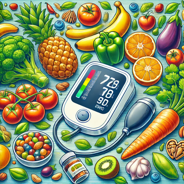 혈압 관리에 좋은 건강식품 이미지 (과일, 채소, 견과류)