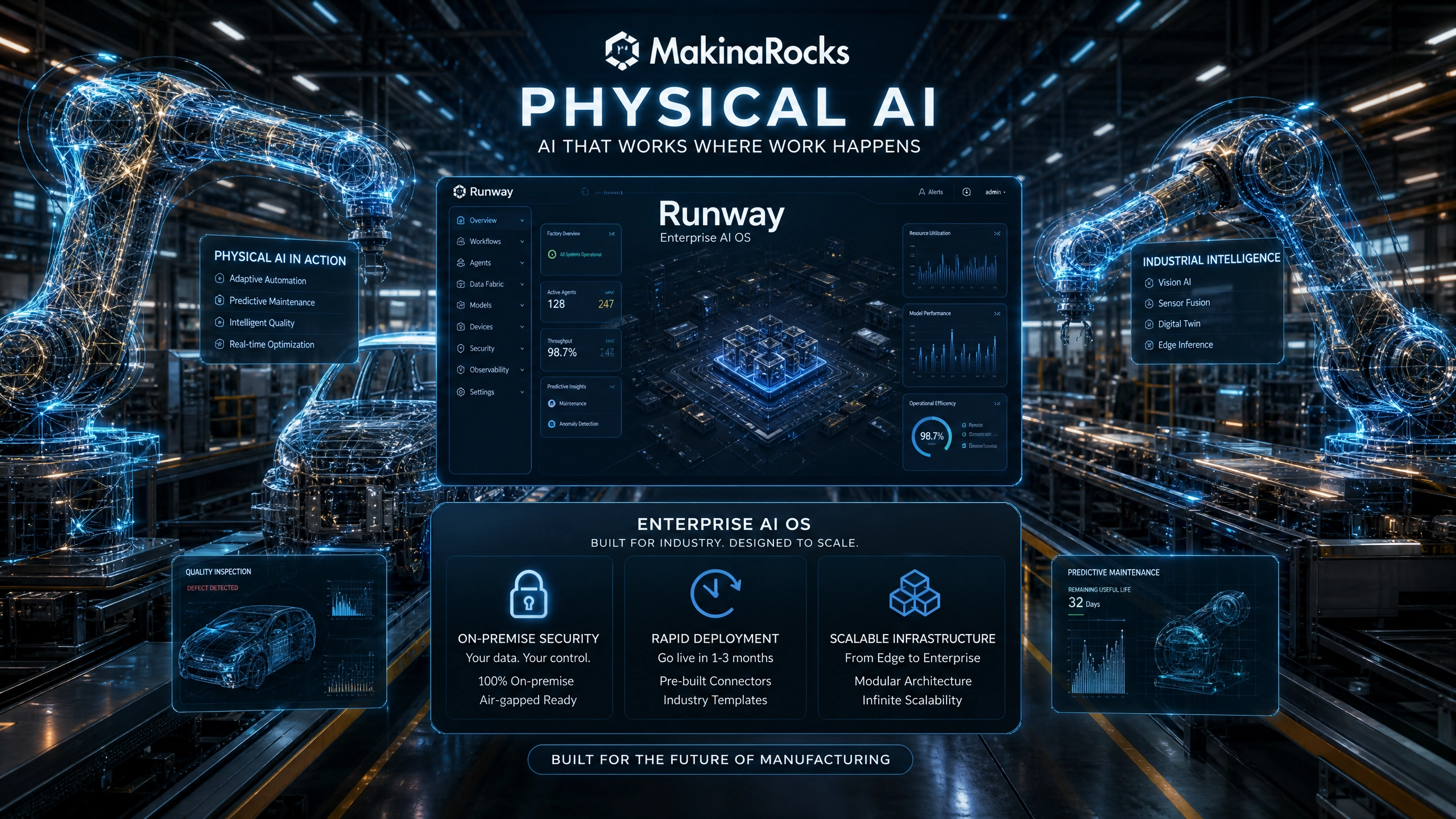 산업 현장의 지능화를 선도하는 마키나락스(MakinaRocks)의 피지컬 AI 및 런웨이(Runway) OS 기술을 시각화한 이미지입니다.
이미지 주요 특징:
피지컬 AI(Physical AI)의 구현: 자동차 생산 라인의 로봇 팔과 설비들에 신경망 패턴의 홀로그램을 입혀, 물리적 제조 현장에 AI의 지능이 이식되어 작동하는 모습을 생생하게 묘사했습니다.
엔터프라이즈 AI OS '런웨이': 중앙의 디지털 대시보드를 통해 산업용 AI 운영체제인 'Runway'의 인터페이스를 시각화했습니다. 이는 AI 솔루션을 스마트폰 앱처럼 쉽게 배포하고 관리할 수 있는 플랫폼임을 상징합니다.
핵심 경쟁력 시각화:
폐쇄망 보안(On-premise Security): 클라우드 없이 현장에서 안전하게 작동하는 보안성을 자물쇠 아이콘으로 표현했습니다.
초고속 구축(Rapid Deployment): 1~3개월 내에 실전 배치가 가능한 효율성을 타임라인 아이콘으로 담았습니다.
확장성(Scalable Infrastructure): 모듈형 아키텍처를 통해 대규모 공장 전체로 무한히 확장 가능한 기술력을 묘사했습니다.
미래 지향적 산업 환경: 'Built for the Future of Manufacturing'이라는 메시지와 함께, 데이터 기반의 최적화와 예지 보전이 이루어지는 스마트 팩토리의 정수를 표현했습니다.