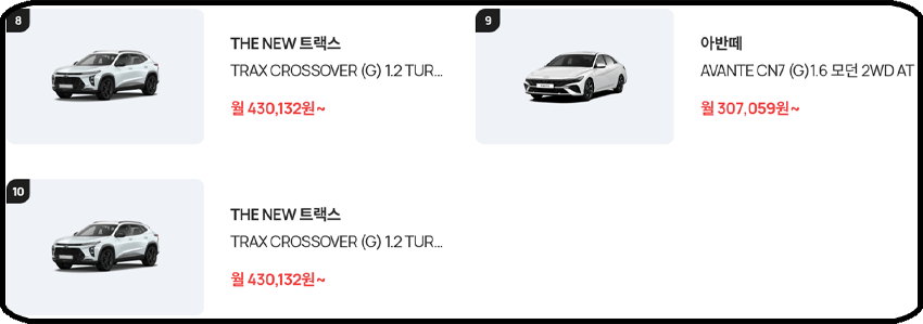 장기렌트카 가격표 - 트랙스, 아반떼