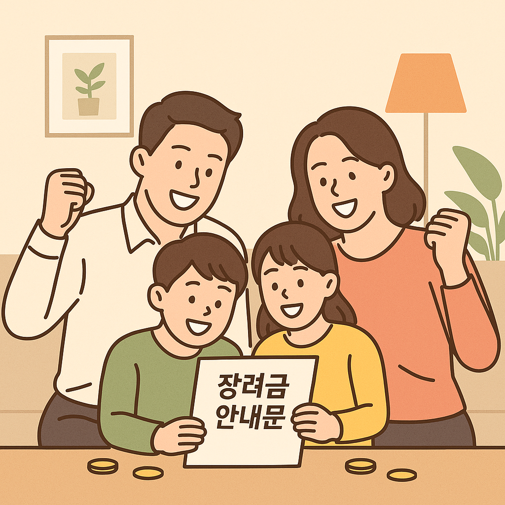 자녀장려금 안내문을 보며 함께 기뻐하는 네 가족의 모습, 따뜻한 거실 분위기의 일러스트