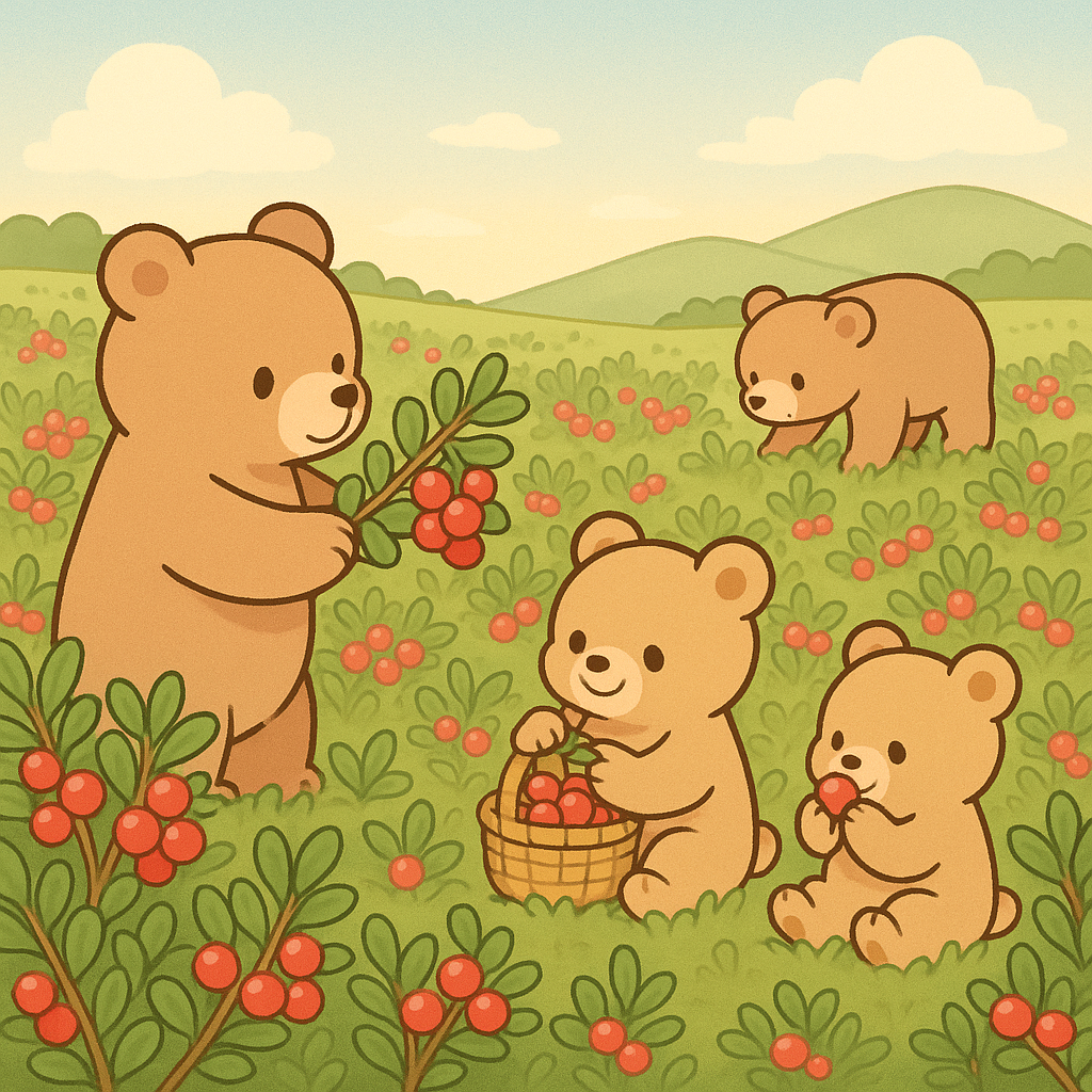 아기자기한 애니 스타일 일러스트: 곰 가족이 녹음이 우거진 들판에서 붉은 곰풀 열매를 따서 바구니에 담는 장면. 잎과 열매가 강조된 평화로운 풍경.