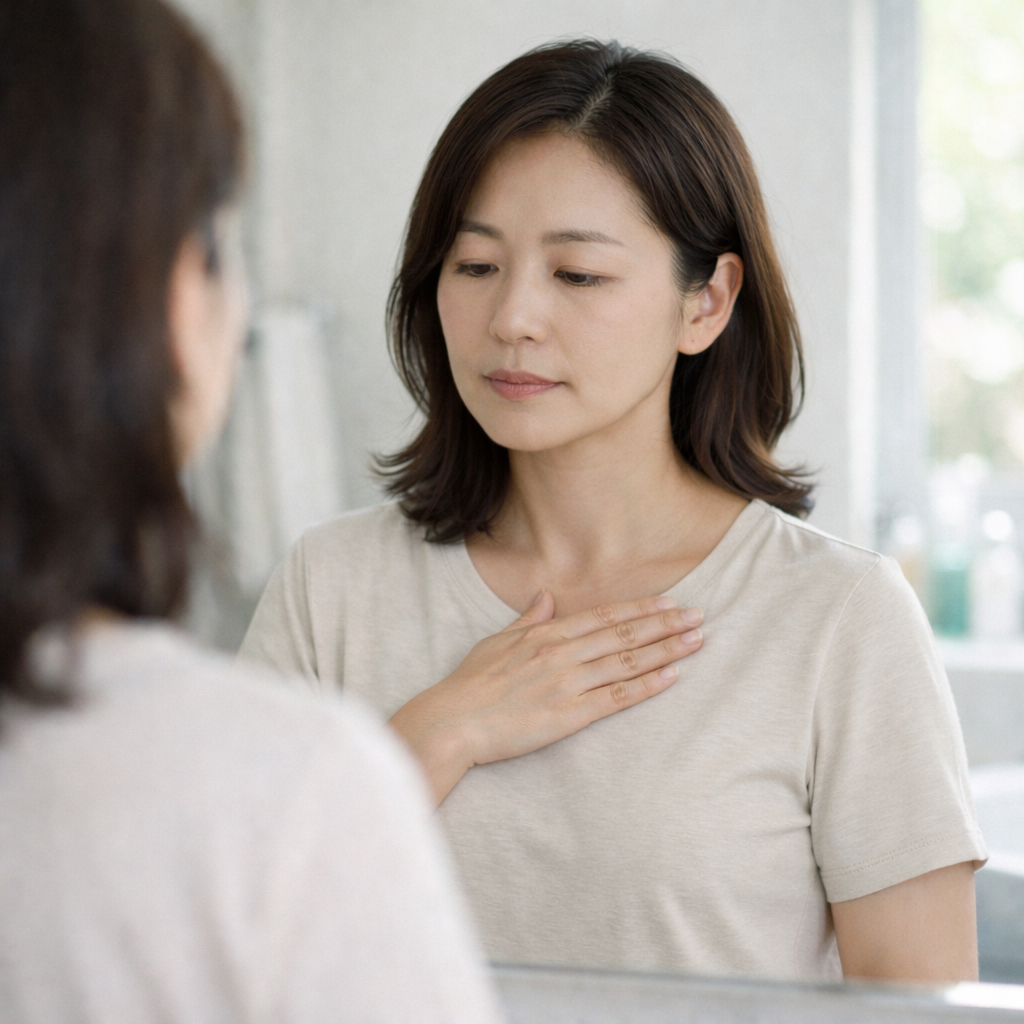 유방 피부 함몰이나 변화 여부를 확인하는 모습