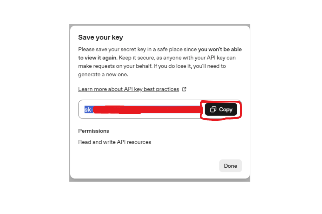 OpenAI API Key 발급 및 Copy 복사 버튼 화면