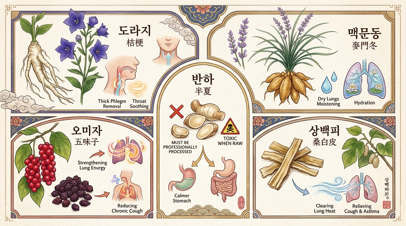 다섯 가지 전통 한방 약재를 교육적이고 심미적으로 보여주는 일러스트레이션