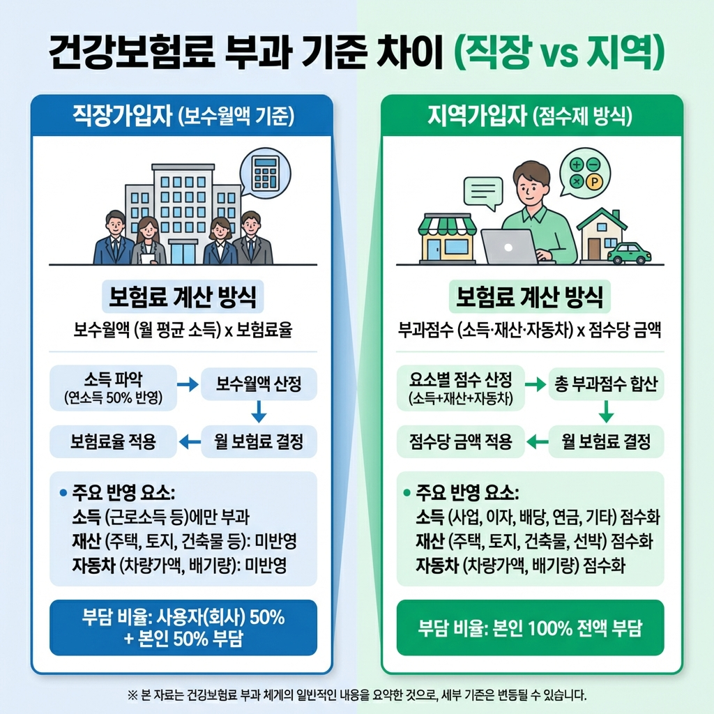 직장가입자 지역가입자 건강보험료 산정 방식 비교 인포그래픽