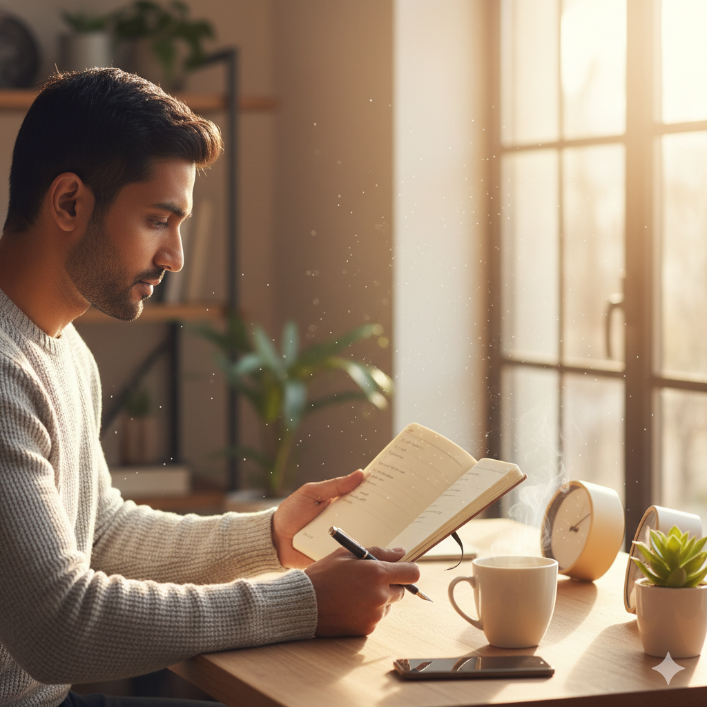 아침 햇살 아래 노트와 펜을 들고 자기계발 계획을 세우는 사람의 모습 (이미지 생성:google)