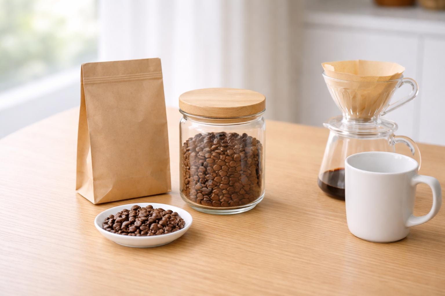 원두 보관 용기와 커피 원두를 함께 보여주는 이미지