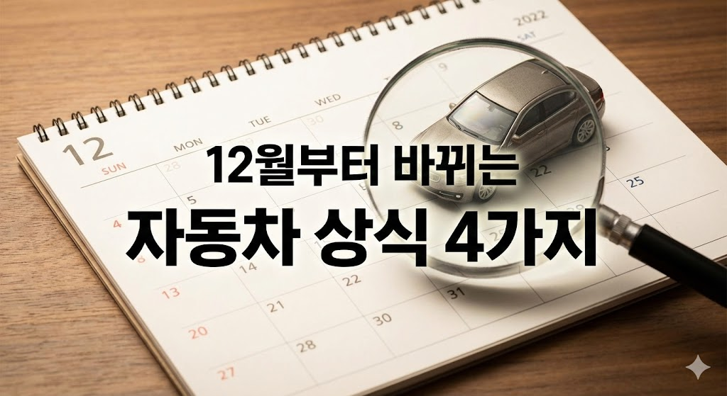 12월 달력 위에 놓인 자동차 미니어처와 돋보기 이미지텍스트는 눈에 띄는 고딕체 사용본문 1신형 번호판들뜸 현상 해결된