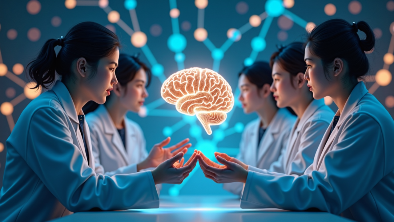 다양한 전문가 페르소나들이 중앙에 있는 빛나는 AI 뇌와 상호작용하며 문제를 해결하는 모습을 보여주는 그림