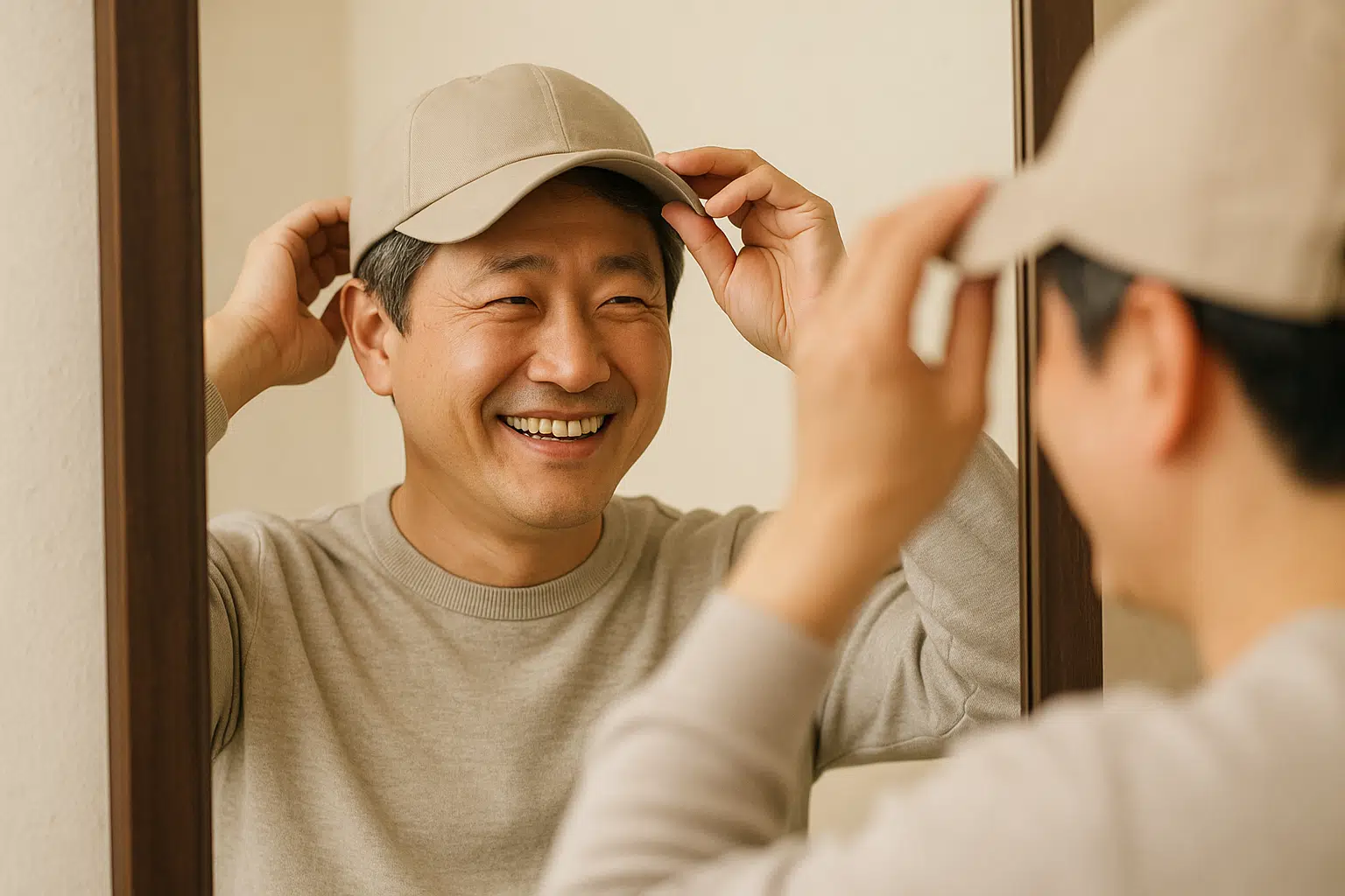 중년 남성이 거울 앞에서 편안하게 모자를 쓰며 미소 짓는 모습. 자연스럽게 잘 맞는 모자와 밝은 표정