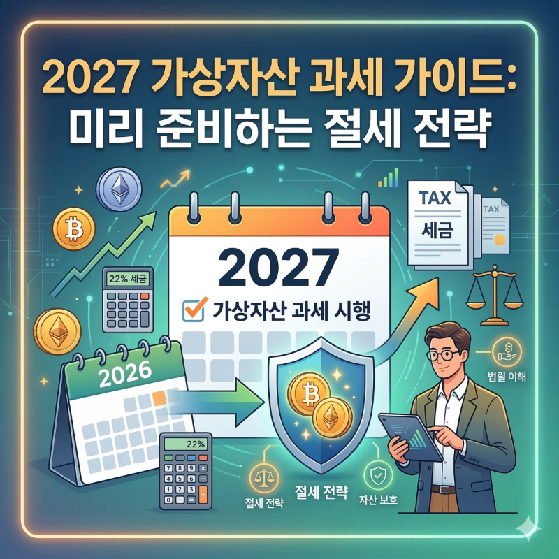 2027년 가상자산 과세 정책 변화와 투자자 절세 전략을 상징하는 비주얼