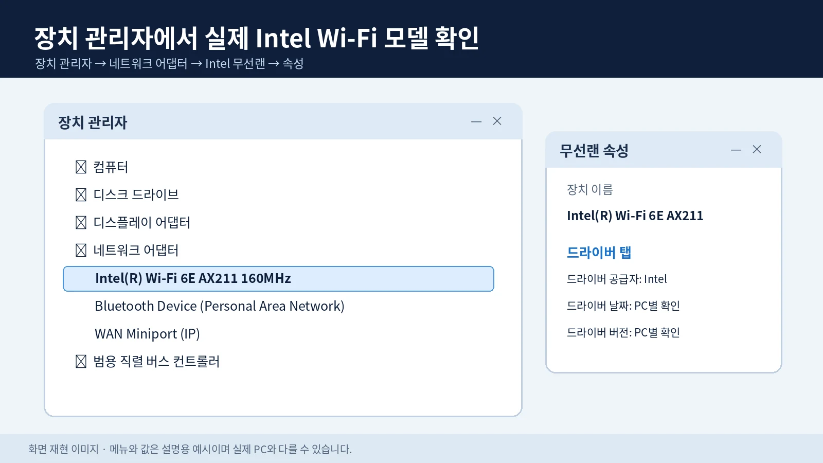 장치 관리자에서 인텔 무선랜 모델과 드라이버 버전을 확인하는 예시