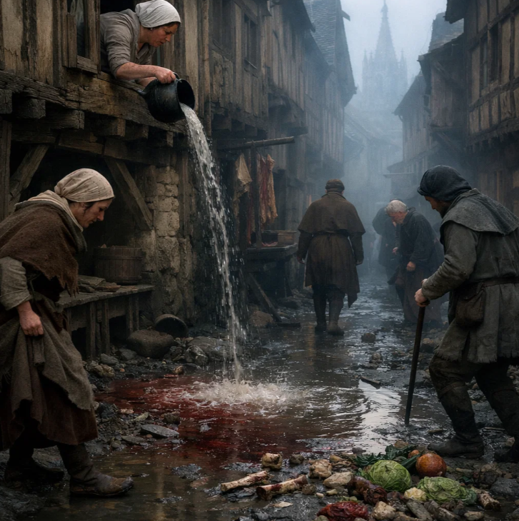 중세 도시 거리에서 오물과 피가 섞인 물이 하수로 흘러가는 비위생적인 생활 환경