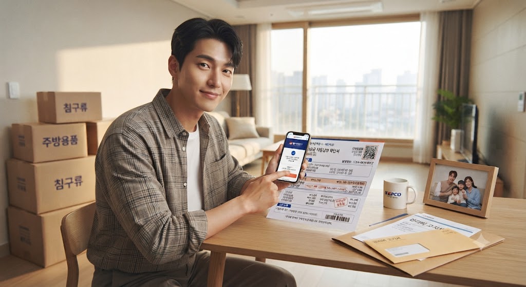 이사한 이후에 전기요금 자동납부 새로 확인하는 모습