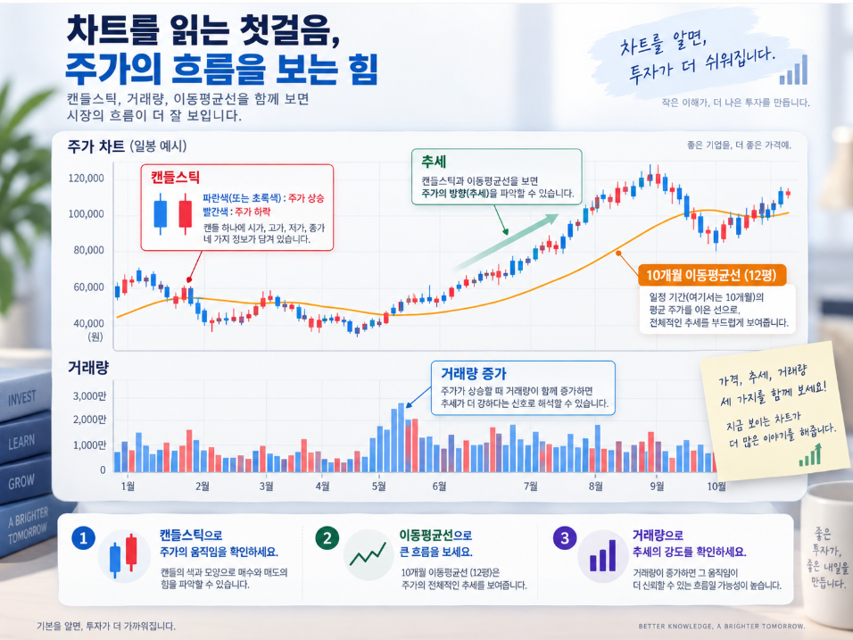 캔들스틱과 거래량, 10개월 이동평균선(12평)을 함께 분석하는 차트 기초를 표현한 일러스트
