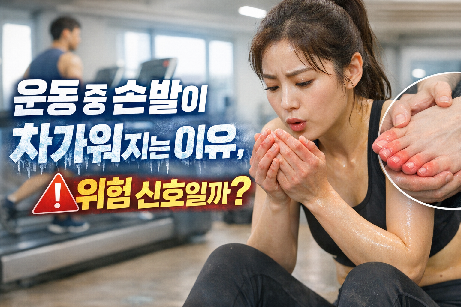 운동 중 손발이 차가워지는 이유와 위험 신호 여부를 설명하는 헬스장 실사 이미지