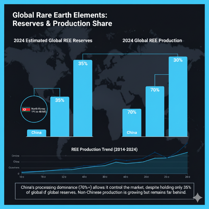 세계 희토류 매장량과 생산량 그래프 비교 (중국 vs. 기타 국가)