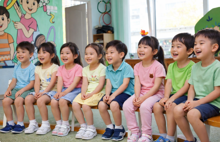 유치원 교실에서 밝게 웃으며 앉아 있는 아이들 모습