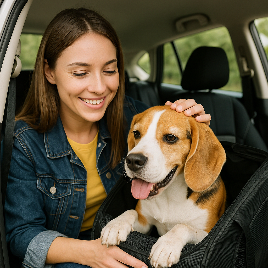 자동차 뒷좌석에서 검정색 이동장에 들어간 비글을 쓰다듬으며 미소 짓는 갈색 머리 여성