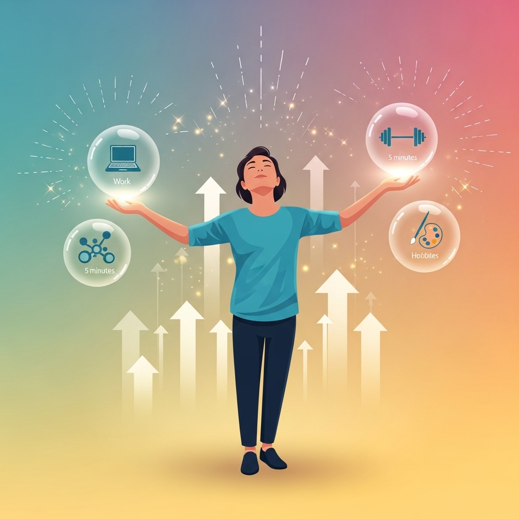2025년 목표 달성을 위해 5분 마이크로 루틴을 실천하며 성공적으로 균형을 이루는 바쁜 현대인의 모습.