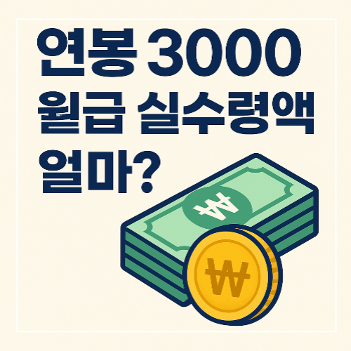 연봉 3000 월급 실수령액 얼마?라는 문구와 함께 한국 지폐와 원화 동전 아이콘이 있는 정사각형 썸네일 이미지