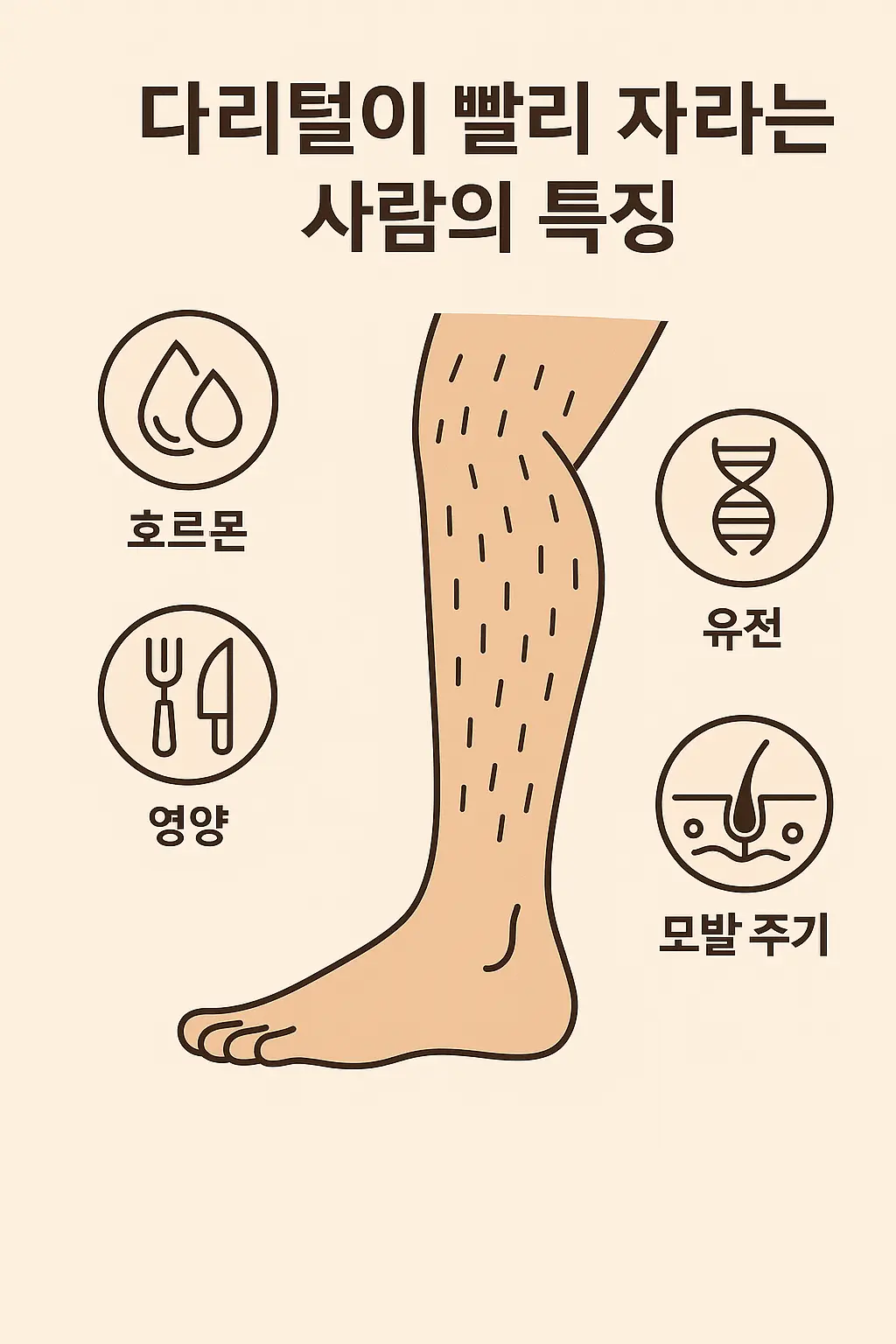 호르몬-유전-영양-모발-주기-아이콘이-둘러싼-다리-일러스트에-짧은-털이-빽빽하게-난-모습으로-빠른-다리털-성장을-설명하는-인포그래픽