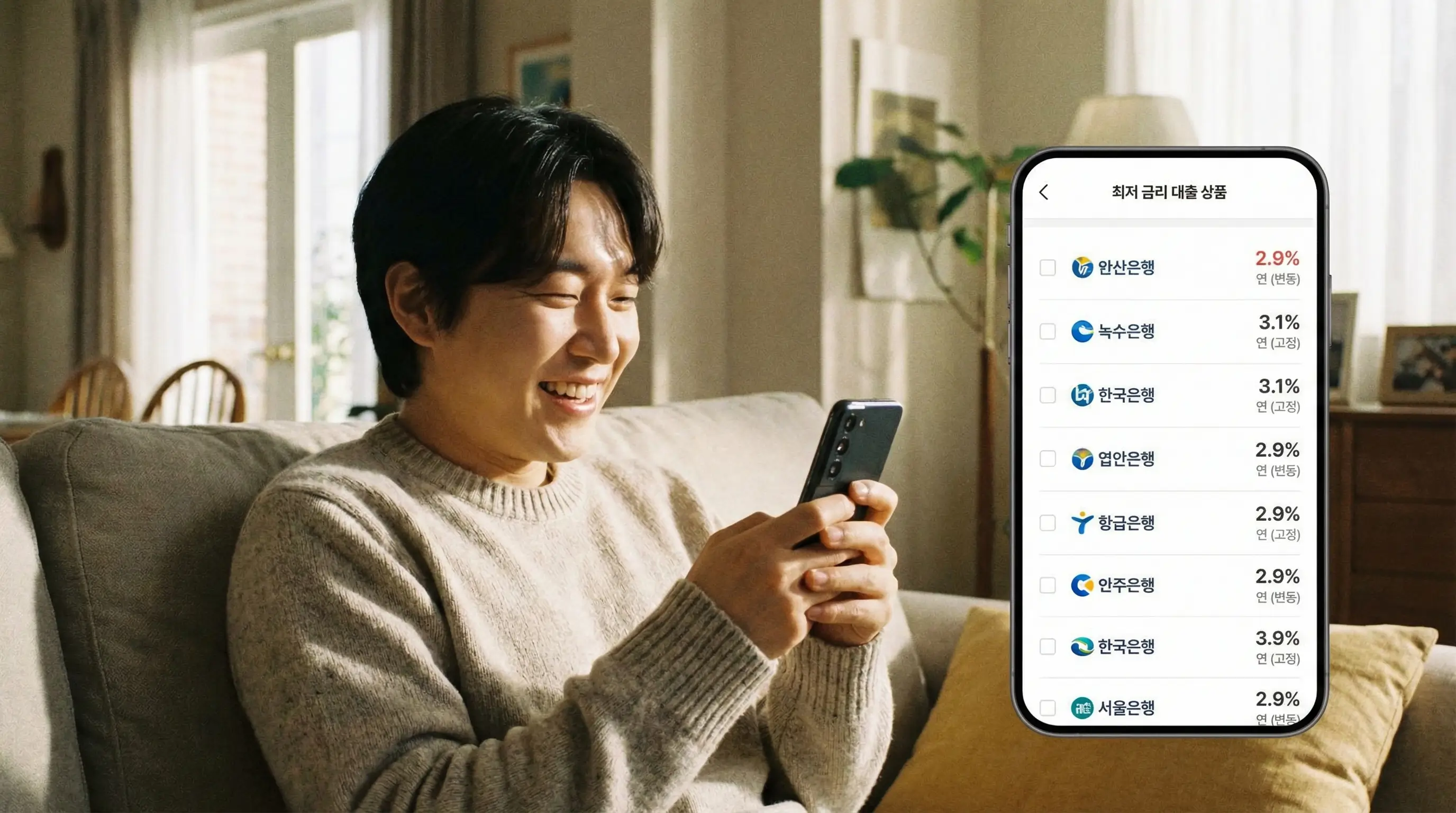 스마트폰 화면에 뜬 낮은 금리의 대출 상품 리스트를 확인하고 만족해하는 모습