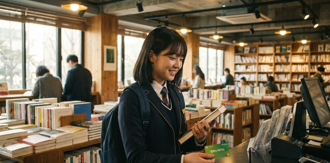 문화누리카드로 서점에서 책을 구매하며 즐거워하는 청소년