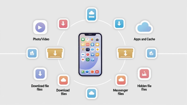 스마트폰 주변에 사진, 앱, 다운로드, 메신저, 숨은 파일 아이콘을 배치한 공간 차지 원인 시각화 인포그래픽