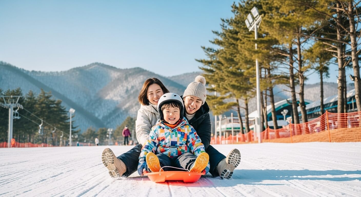 2025년 강원도 눈썰매장에서 부모님과 함께 유아용 썰매를 타고 환하게 웃는 미취학 아동 가족의 모습. 안전 헬멧과 따뜻한 방한복을 입고 완만한 슬로프를 내려오는 모습이 행복해 보이며, 주변에는 눈 덮인 산과 리조트 건물이 보인다.