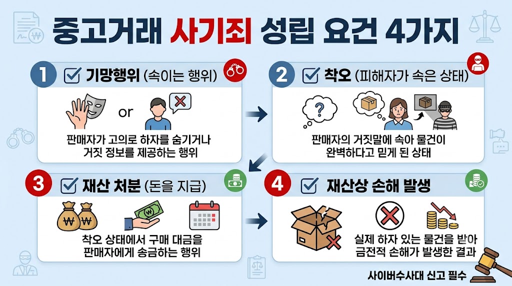 중고거래 사기죄 성립 요건 4가지 인포그래픽 - 기망행위 착오 재산처분 손해발생 요건 설명