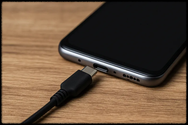 스마트폰에 충전 케이블을 연결하려는 모습