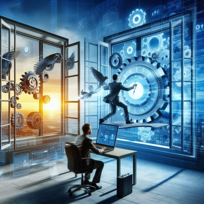 거대한 시계 장치를 통해 시간을 탐험하는 사람