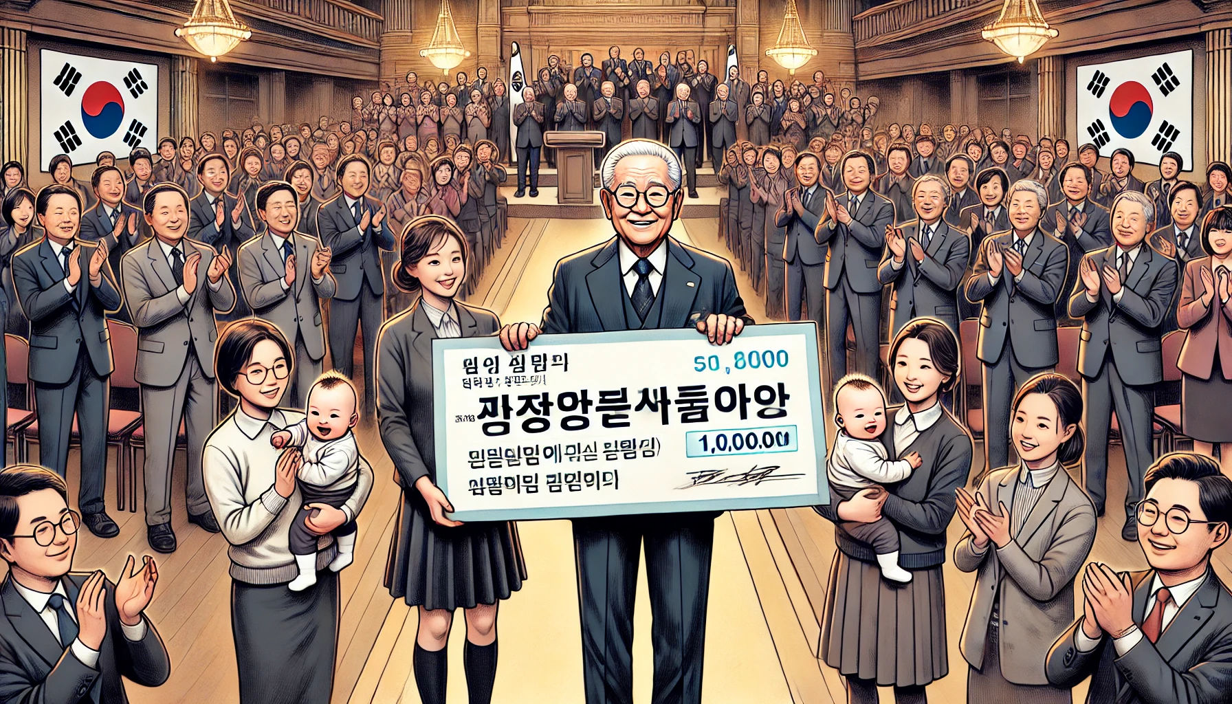 이 사진은 [이중근 회장님께서 출산 직원들에게 1억원씩 지급한 사례] 관련 기사를 AI로 이미지화 해서 제작한 사진입니다.