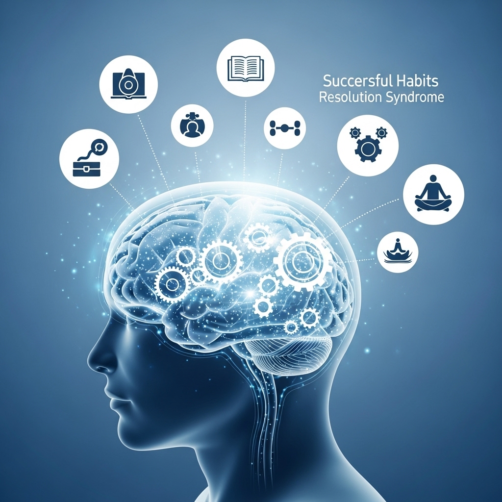 뇌 과학 기반의 성공 습관 설계를 통해 작심삼일을 극복하는 개념 이미지. 뇌가 긍정적인 습관 형성을 주도하는 모습